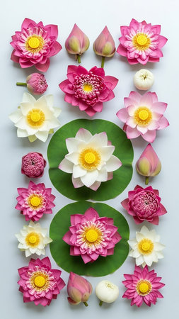 A top-down flat lay arrangement of numerous pink and white lotus flowers and buds with green leaves on a light blue surface, showcasing delicate petals and yellow...の素材