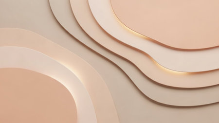 Beige showing soft abstract background with layered wavy shapes in warm pastel peach and beige tones with subtle glowing light accents and gentle shadows keywords:...の素材