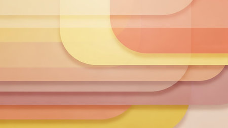 A soft pastel abstract background overlapping rounded rectangles and horizontal stripes in gentle shades of yellow, peach, and pink, creating a layered effect.の素材