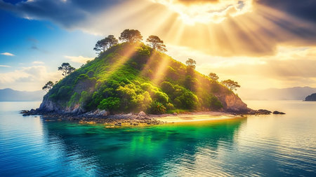 A small, verdant island with scattered trees and a sandy beach is illuminated by dramatic golden sunbeams piercing through clouds over a vibrant turquoise sea.の素材