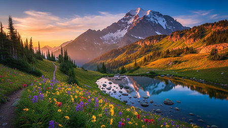 Serene showing snow-capped mountain peak towering over a serene alpine lake reflecting the golden light of a colorful sunset with a meadow of wildflowers in the...の素材