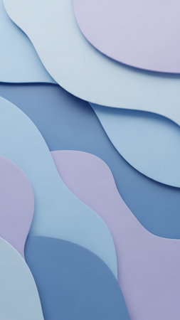 Soft pastel blue and lavender wavy layers gently overlap, creating a smooth, soothing, and serene abstract background with a subtle gradient.の素材
