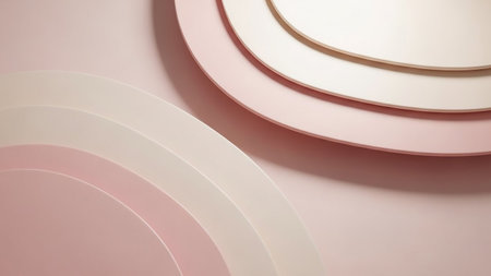 Soft, curved layers in pastel pink and cream create a minimalist abstract background with subtle shadows and depth.の素材