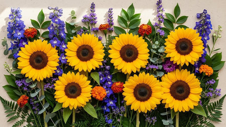 Bouquet showing vibrant bouquet of bright yellow sunflowers interspersed with delicate blue delphiniums and small orange blossoms on a neutral background keywords:...の素材