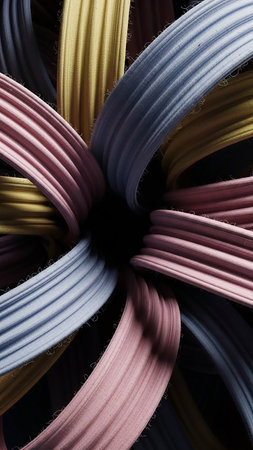 Ribbons showing swirling textured ribbons in pastel pink blue and gold converge inwards creating a dark central void with dramatic lighting and shadow effects...の素材