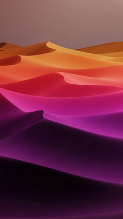 A vibrant abstract landscape of rolling sand dunes depicted in a smooth gradient of warm orange, bright pink, and deep purple, with soft lighting and flowing curves.の素材