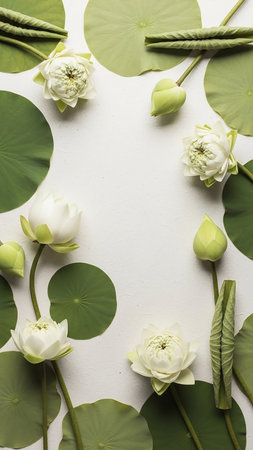 Serene showing arrangement of delicate white lotus flowers and vibrant green lily pads on a textured white surface keywords: lotus, water lily, white flower, green...の素材