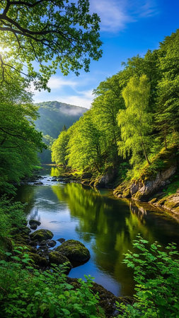 A serene river winds through a lush green forest, with sunlight filtering through the trees and reflecting on the water's surface.の素材