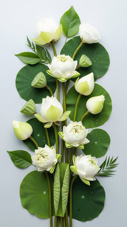 A vertical arrangement of white lotus flowers, buds, and lush green lily pads on a pale blue background.の素材