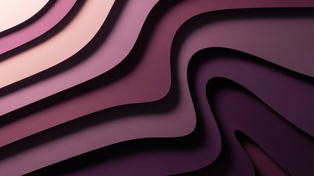 Depth showing an abstract background composed of smooth, undulating wavy layers in shades of deep purple, mauve, and pale pink, creating a sense of depth and...の素材