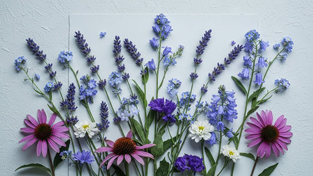 A delicate assortment of blue and purple wildflowers, including lavender, echinacea, and forget-me-nots, is arranged on a textured light grey surface.の素材