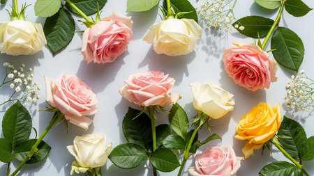 Bloom showing assortment of delicate pink, white, and yellow roses with green leaves and small white flowers scattered on a light blue surface keywords: roses,...の素材