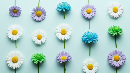 A collection of white, purple, blue, and green daisy and chrysanthemum flowers with yellow centers are arranged in rows on a light blue background.の素材