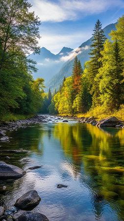 A clear river winds through a dense forest towards misty mountains under a bright blue sky, with trees and clouds reflected in the water.の素材
