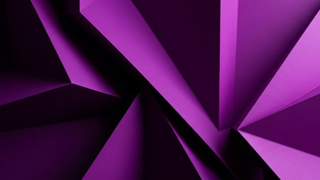 Sharp, intersecting geometric planes of vibrant purple create deep shadows and a dynamic abstract 3D rendered background.の素材