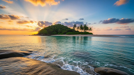 A small tropical island with palm trees and a white sand beach is surrounded by clear turquoise ocean water, with large rocks in the foreground at sunrise.の素材
