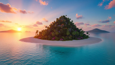 A small, lush green island with a conical hill of palm trees and flowers sits in clear turquoise water during a warm, colorful sunset.の素材