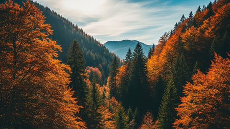 Serene showing autumnal mountain valley landscape with fiery orange and yellow deciduous trees contrasting with dark green pine conifers under a clear blue sky...の素材