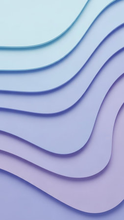 Smooth, layered waves in soft pastel shades of blue and lavender create a gentle, flowing abstract background with subtle shadows and a serene visual effect.の素材