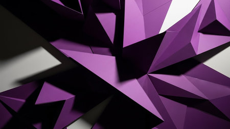 Sharp, angular purple geometric shapes and facets are arranged to cast dramatic shadows on a clean white background, creating a striking, modern abstract composition.の素材