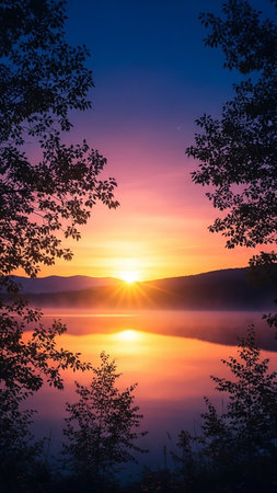 Deep showing sunset over a misty lake framed by silhouetted tree branches with a vibrant gradient sky of pink orange and deep blue hues keywords: sunset, lake,...の素材