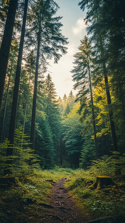 A sunlit forest path winds through tall evergreen trees with lush green undergrowth and dappled light creating a peaceful, serene atmosphere.の素材