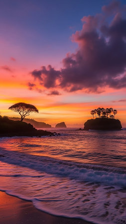 (9823) showing tropical island paradise at sunset with vibrant orange and purple sky and calm ocean waves gently lapping on the sandy shore with silhouetted palm...の素材