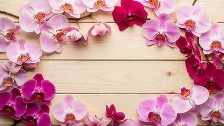 A vibrant display of pink and magenta orchids arranged along the edges of a light-colored wooden plank surface, forming a natural frame.の素材