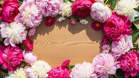 A vibrant circular arrangement of pink, white, and magenta peonies and smaller flowers borders a light brown wooden table surface.の素材