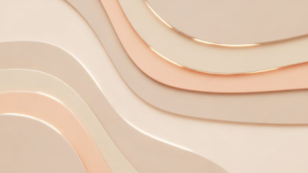 Abstract background with flowing, curved layers in soft beige, peach, and cream tones. Subtle gold edges add a touch of elegance.の素材