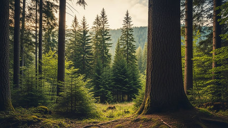 Sunlight filters through tall evergreen trees in a dense forest, casting dappled light on the mossy forest floor and a prominent tree trunk.の素材