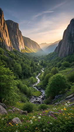 Landscape showing yosemite valley landscape at sunset with a winding river and lush green trees bathed in golden light. resolutionの素材