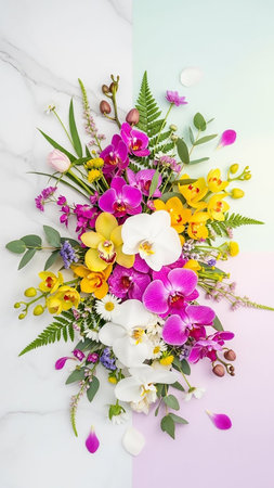 Delicate showing vibrant floral arrangement of pink orchids yellow orchids white orchids and daisies with green ferns on a split marble and pastel background...の素材