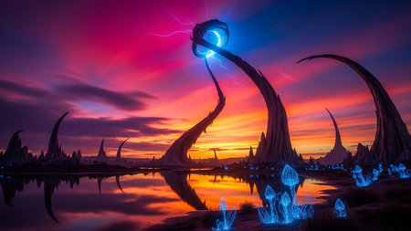 With showing surreal alien landscape at twilight with glowing blue crystalline flora, strange organic structures emitting electric blue light, and a dramatic purple...の素材