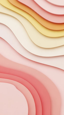 Gentle flowing waves in soft pastel shades of pink, yellow, and orange create a layered abstract background with subtle shadows and a serene, calm visual.の素材