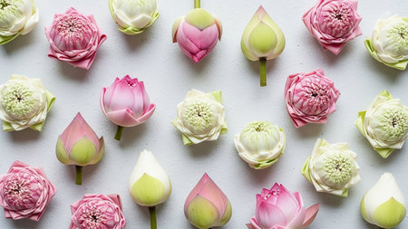 A top-down arrangement of delicate pink and white lotus flower buds and blooms scattered across a clean white background, showcasing natural beauty.の素材