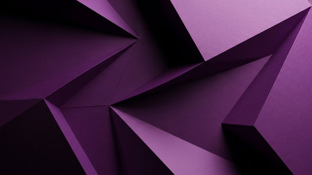 Sharp, faceted geometric forms in deep purple and lighter violet create an angular abstract background with hard edges and dramatic lighting.の素材