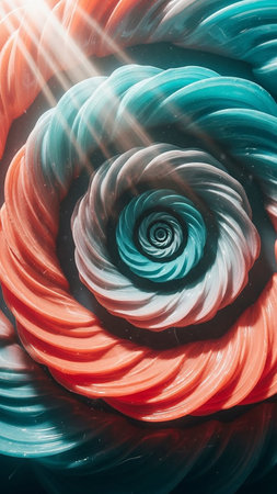 A vibrant abstract spiral with swirling bands of coral orange and teal blue, illuminated by bright light rays creating a glossy, candy-like texture.の素材