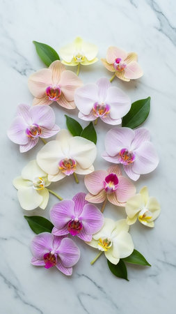 A collection of diverse phalaenopsis orchid blooms in soft pastel hues of pink, white, yellow, and lavender are scattered across a white marble surface with green...の素材