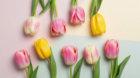 With showing assortment of fresh pink and yellow tulips with green stems arranged on a pastel colored background in a down view keywords: tulips, flowers, pink,...の素材