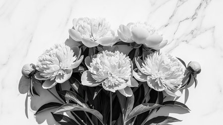 A monochrome still life five fully bloomed peonies and two buds arranged on a white marble surface, casting deep shadows.の素材