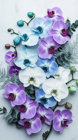 Vibrant showing a cascading arrangement of vibrant purple, soft blue, and pristine white orchid flowers with delicate green eucalyptus leaves and fern fronds on a...の素材