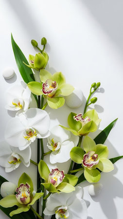 Vibrant showing a delicate arrangement of vibrant green and pure white orchid flowers with dark red centers and long green leaves scattered with smooth white...の素材