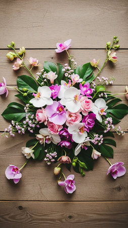 Vibrant showing a circular arrangement of colorful orchids roses and lush green monstera leaves on a rustic wooden plank background creating a floral display...の素材