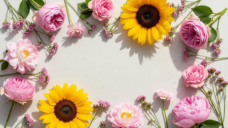 A top-down view of a circular arrangement of pink roses and yellow sunflowers on a textured light surface, with soft shadows casting across the petals.の素材