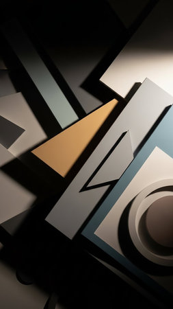 Still showing a still life arrangement of geometric shapes and planes in muted tones of gray, beige, and light blue, casting dramatic shadows on a dark background,...の素材