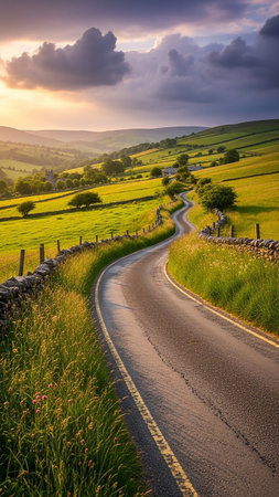 A winding country road cuts through lush green rolling hills and meadows, bordered by stone walls, under a dramatic sunset sky with warm light.の素材