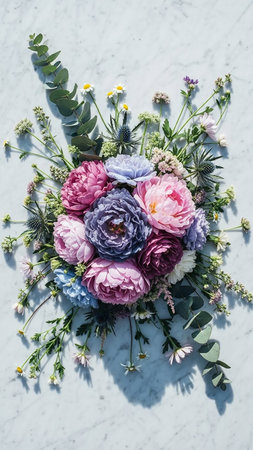 Vibrant showing a detailed overhead view of a lush floral bouquet featuring pink peonies, purple roses, blue thistles, and eucalyptus leaves arranged on a white...の素材