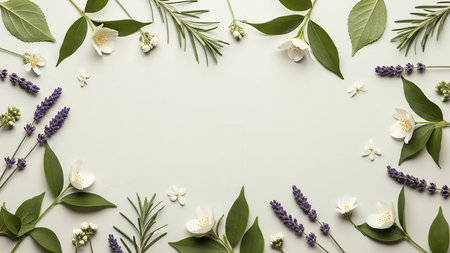 A delicate arrangement of green leaves, white jasmine, and purple lavender forms a natural border on a pale, neutral background.の素材