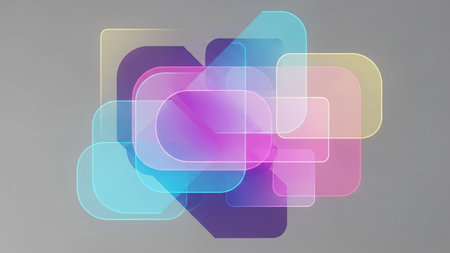 Overlapping translucent rounded shapes in pastel pink purple blue and yellow gradients create a modern abstract composition on a gray background.の素材